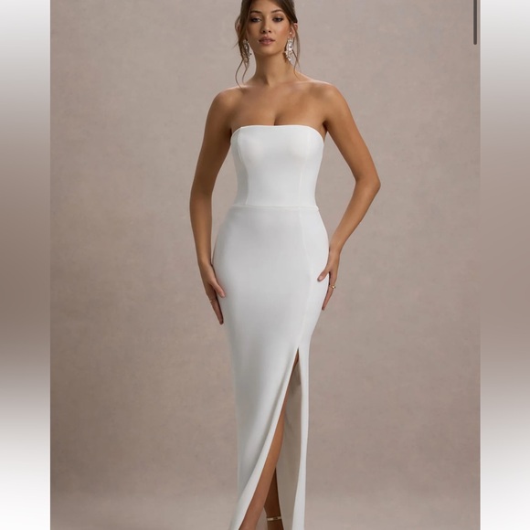 Club L London - Belle of the Ball White Bandeau Maxi Dress with Split Hem - Picture 2 of 6